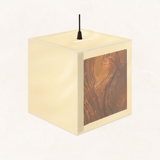 Whispers of Fall surrealist light cube lamp with bark-inspired artwork panel, cream matte sides, and pendant cord option.