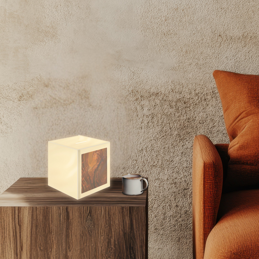 Whispers of Fall surrealist light cube lamp glowing on a wooden side table with warm autumn tones, premium abstract home accent with ambient light.