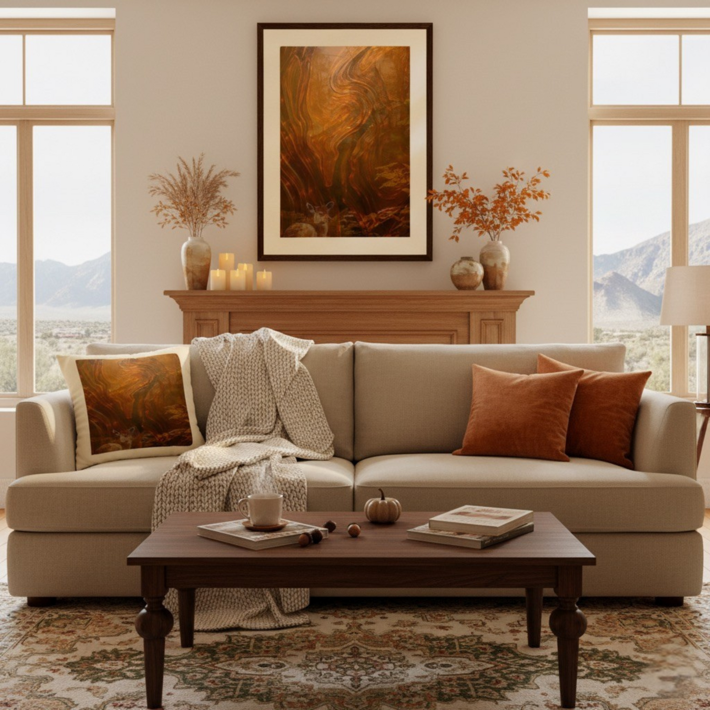 Living room styled with the Whispers of Fall framed wall art in a modern neutral setting. Abstract autumn tones in warm orange, brown, and gold create a cozy, seasonal focal point above a beige sofa with rust accent pillows. Perfect for fall home décor, this museum-quality print is available in multiple frame sizes, with custom oversized dimensions on request. Ideal for a stylish, CB2-inspired interior or elegant seasonal wall decoration.