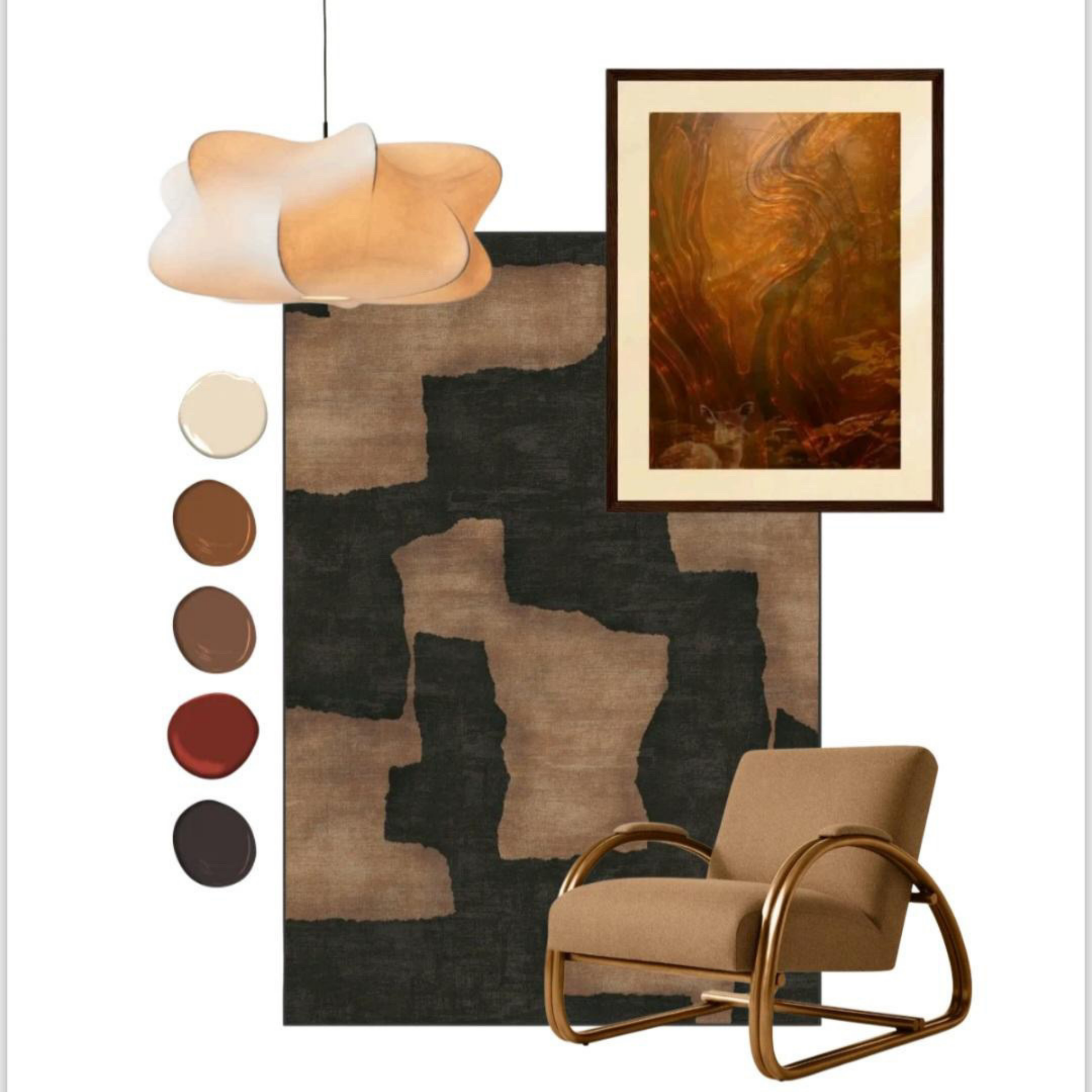 Whispers of Fall abstract wall art featuring swirling amber, copper, and terracotta tones that capture the essence of autumn. This surreal yet grounding art print adds warmth and depth to modern interiors, styled with minimalist furniture, sculptural lighting, and desert-inspired neutrals. Perfect for fall décor, cozy living rooms, gallery walls, or modern spaces seeking poetic elegance. CB2-inspired design for slow living and seasonal home styling.
