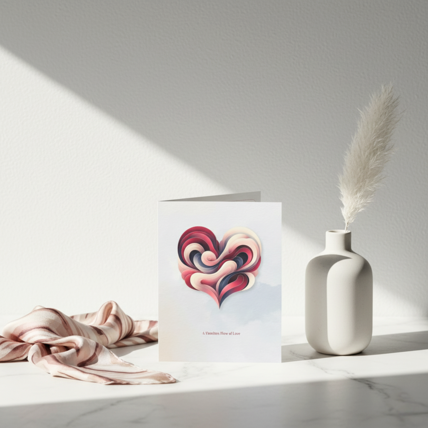A Timeless Flow of Love art card featuring a sculptural pink and red abstract heart design with the phrase ‘A Timeless Flow of Love,’ styled with a soft fabric and minimalist ceramic vase — modern greeting card by Printed Echoes Creations.