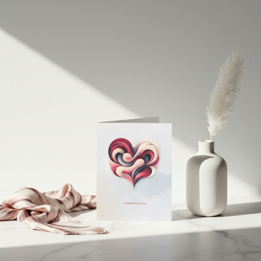 A Timeless Flow of Love art card featuring a sculptural pink and red abstract heart design with the phrase ‘A Timeless Flow of Love,’ styled with a soft fabric and minimalist ceramic vase — modern greeting card by Printed Echoes Creations.