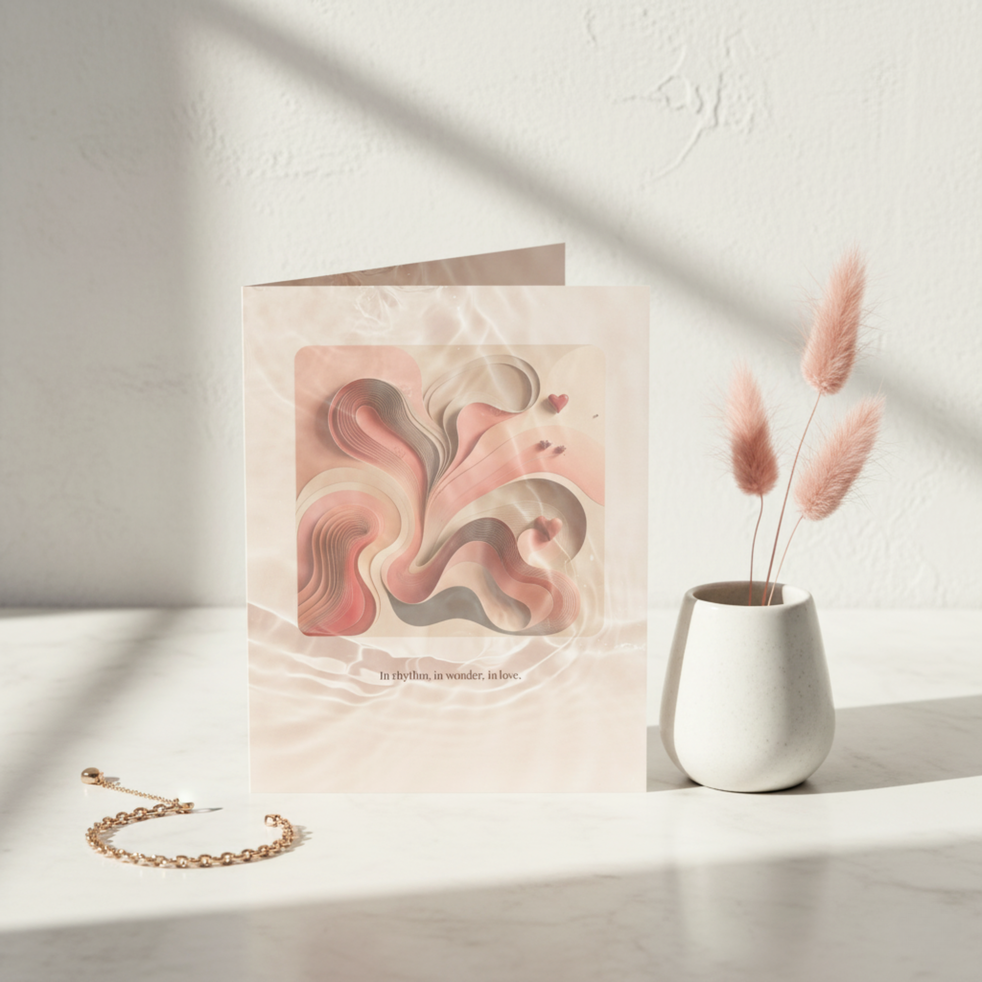Abstract Love art card featuring warm blush and sand tones with fluid shapes and the phrase ‘In rhythm, in wonder, in love.’ Styled on a minimal white surface with soft dried florals — a modern greeting card by Printed Echoes Creations.