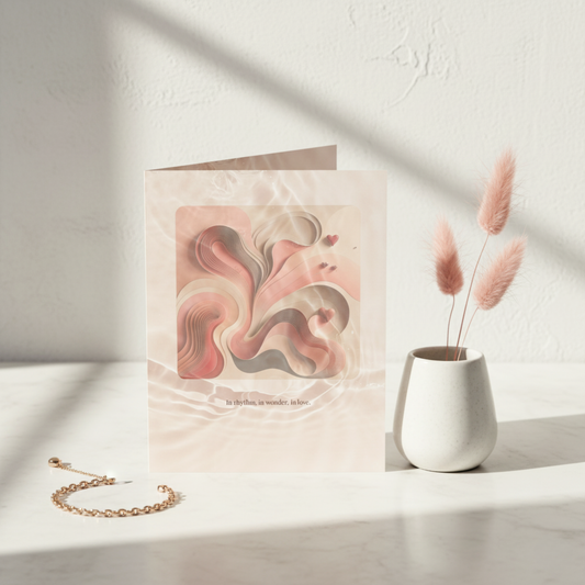 Abstract Love art card featuring warm blush and sand tones with fluid shapes and the phrase ‘In rhythm, in wonder, in love.’ Styled on a minimal white surface with soft dried florals — a modern greeting card by Printed Echoes Creations.