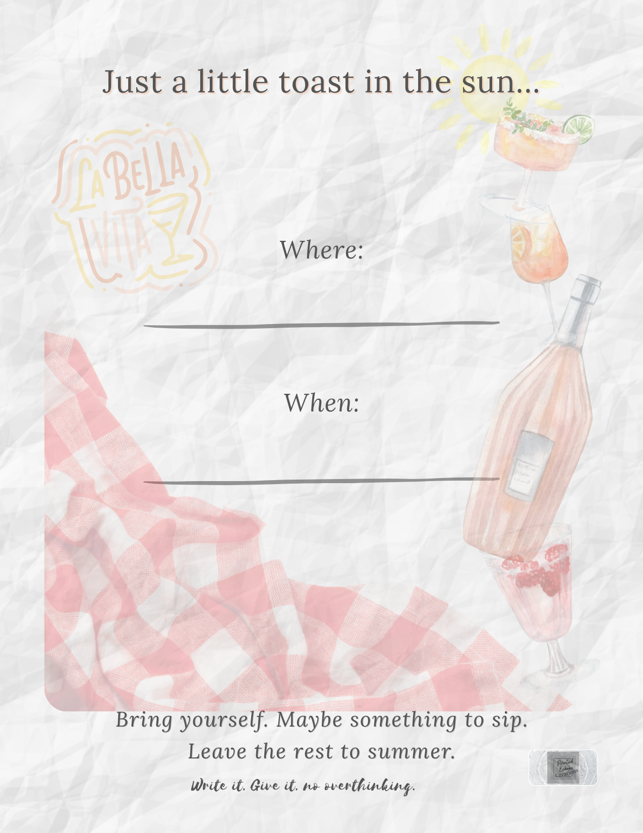 Back of the What-If Apéro Invite card by Printed Echoes Creations, featuring “Where” and “When” lines with picnic illustrations and poetic apéro prompts on a matte crinkle-style background.
