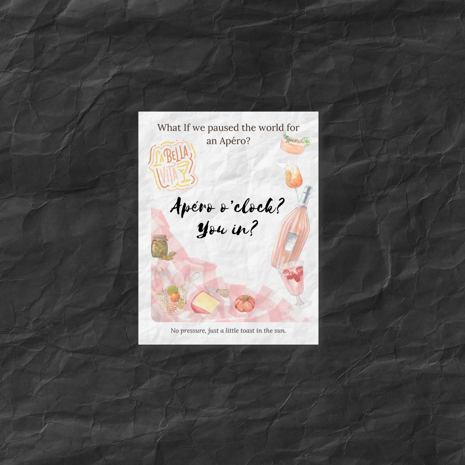 Set of 10 Apéro invitation card from the What-If collection by Printed Echoes Creations, featuring summer illustrations, rosé, and picnic visuals on a printed crinkle-paper background. perfect for casual summer gatherings and spontaneous hosting.

