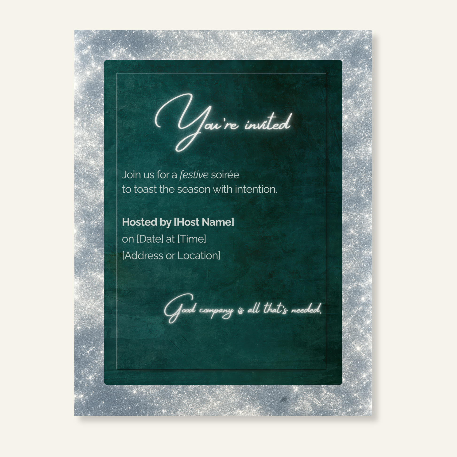 Art Deco Holiday Soirée Invitation – elegant green and silver card reading ‘You’re invited’ by Printed Echoes Creations.
