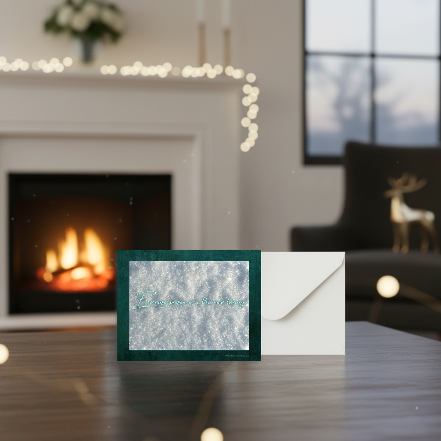 Back of Art Deco holiday invitation card with shimmering silver border – Printed Echoes Creations holiday stationery.