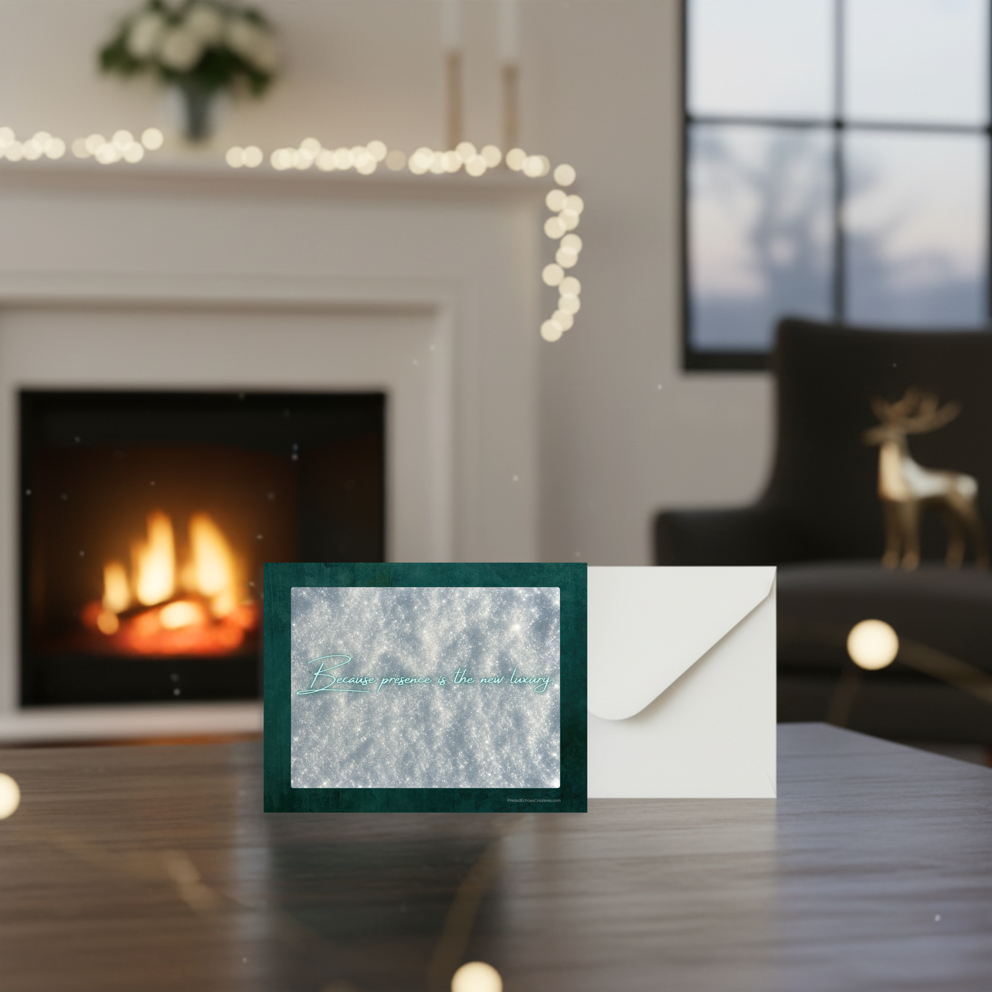 Back of Art Deco holiday invitation card with shimmering silver border – Printed Echoes Creations holiday stationery.