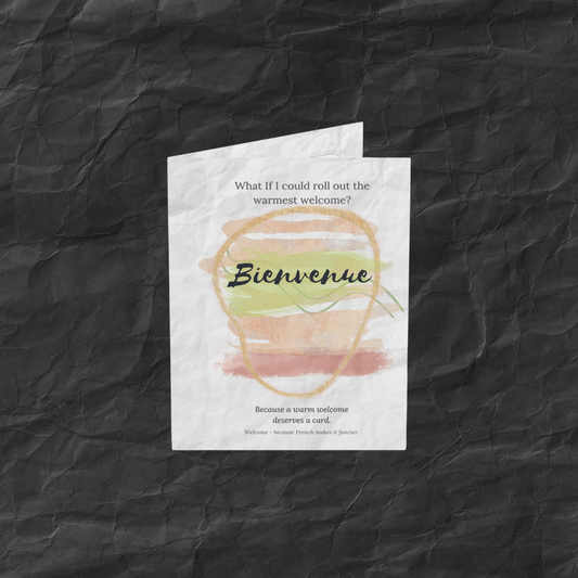Bienvenue French welcome card with soft abstract colors and hand-lettered design—perfect for new beginnings or thoughtful gestures.
