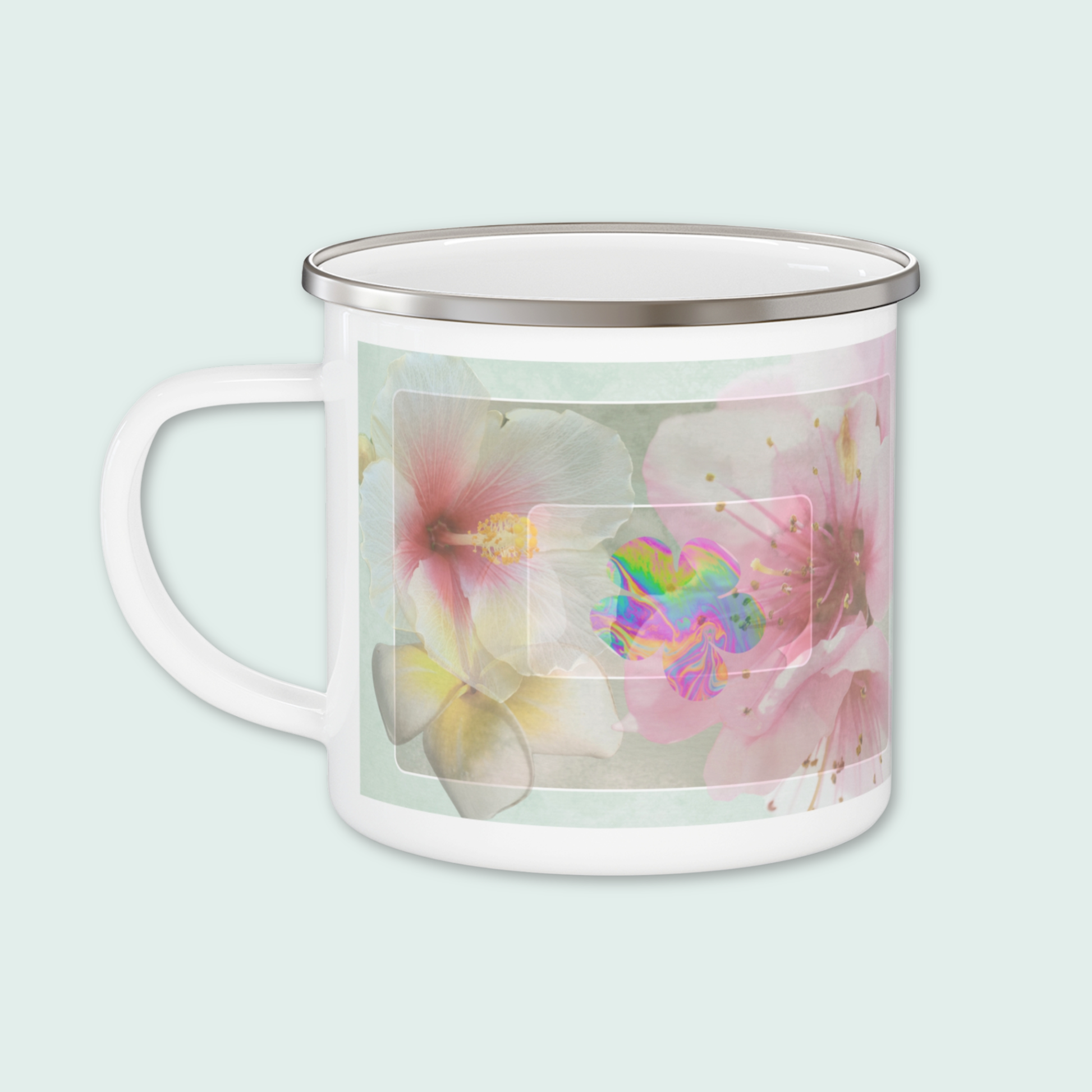 Front view of the Bloom Baby Bloom enamel mug featuring soft abstract floral art — spring capsule drinkware by Printed Echoes Creations.