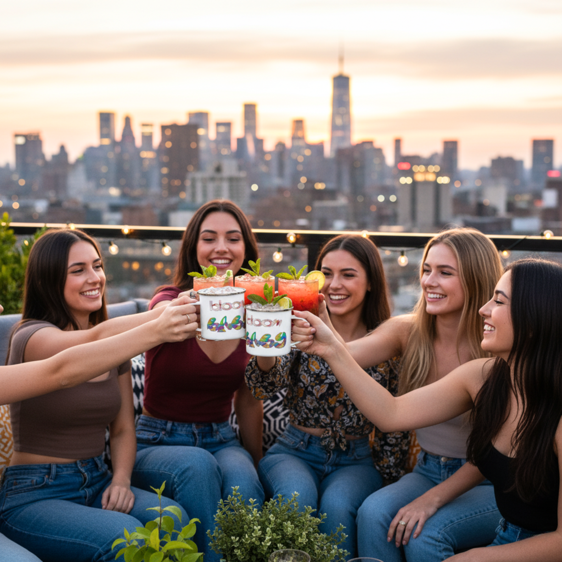Group of friends toasting with Bloom Baby Bloom enamel mugs at sunset — celebrating connection and artful living by Printed Echoes Creations.
