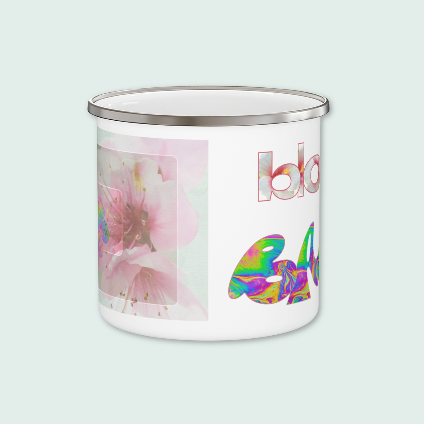 Angled view of the Bloom Baby Bloom enamel mug showing full wraparound floral and text design — combining art and function by Printed Echoes Creations.