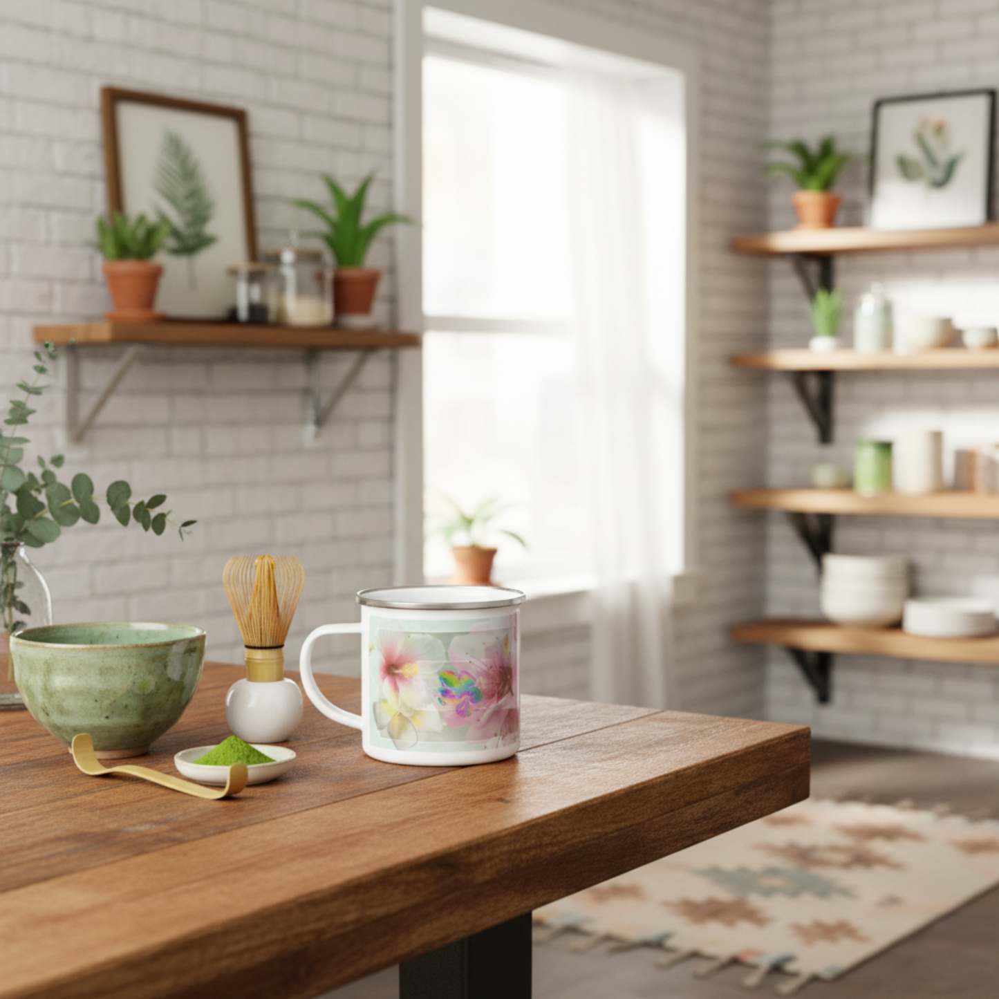 Bloom Baby Bloom enamel mug styled in a calm kitchen scene — soft morning light and ceramics evoke slow-living rituals by Printed Echoes Creations.
