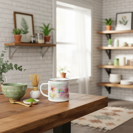 Bloom Baby Bloom enamel mug styled in a calm kitchen scene — soft morning light and ceramics evoke slow-living rituals by Printed Echoes Creations.
