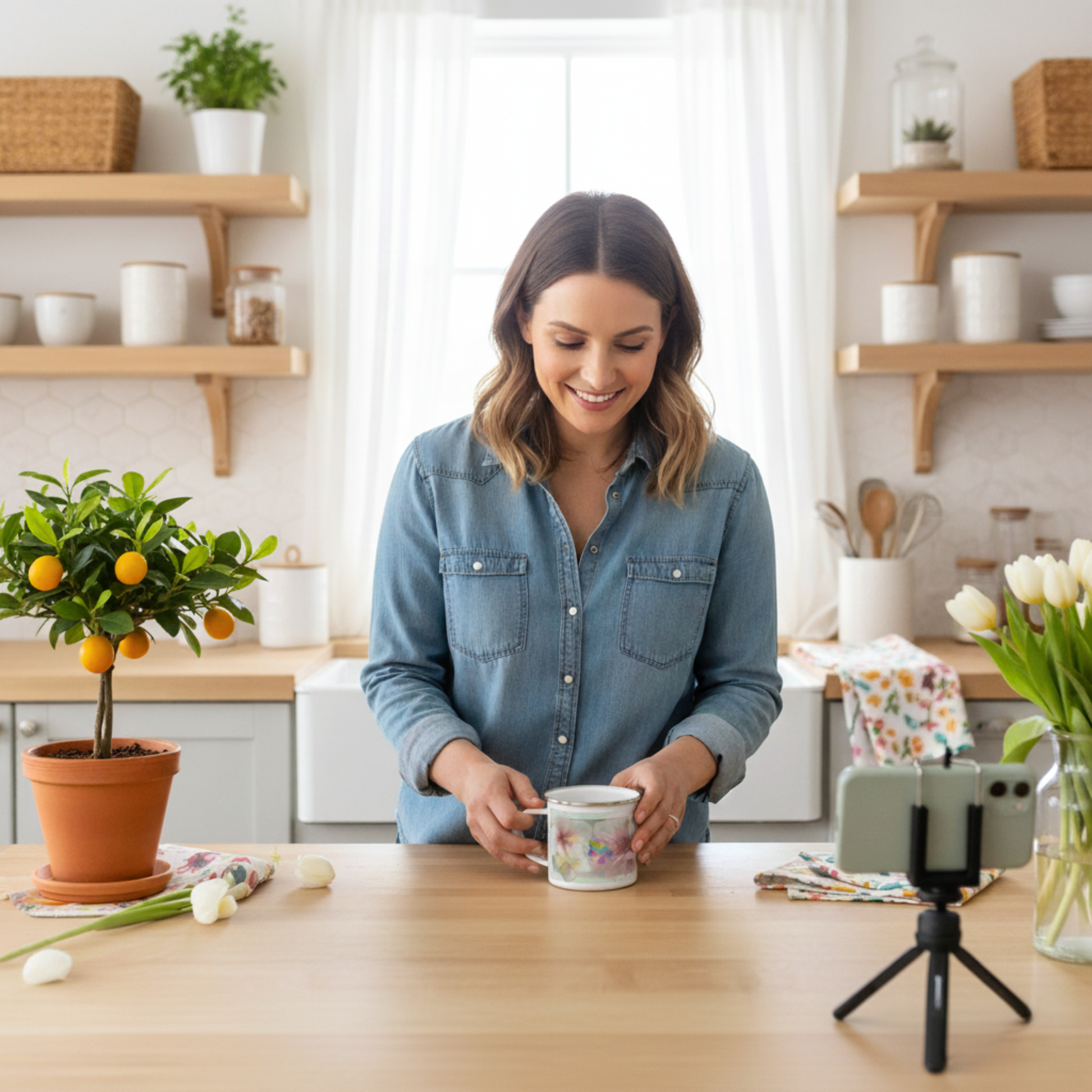 Woman holding the Bloom Baby Bloom enamel mug in a bright kitchen — modern lifestyle moment from Printed Echoes Creations’ spring capsule.