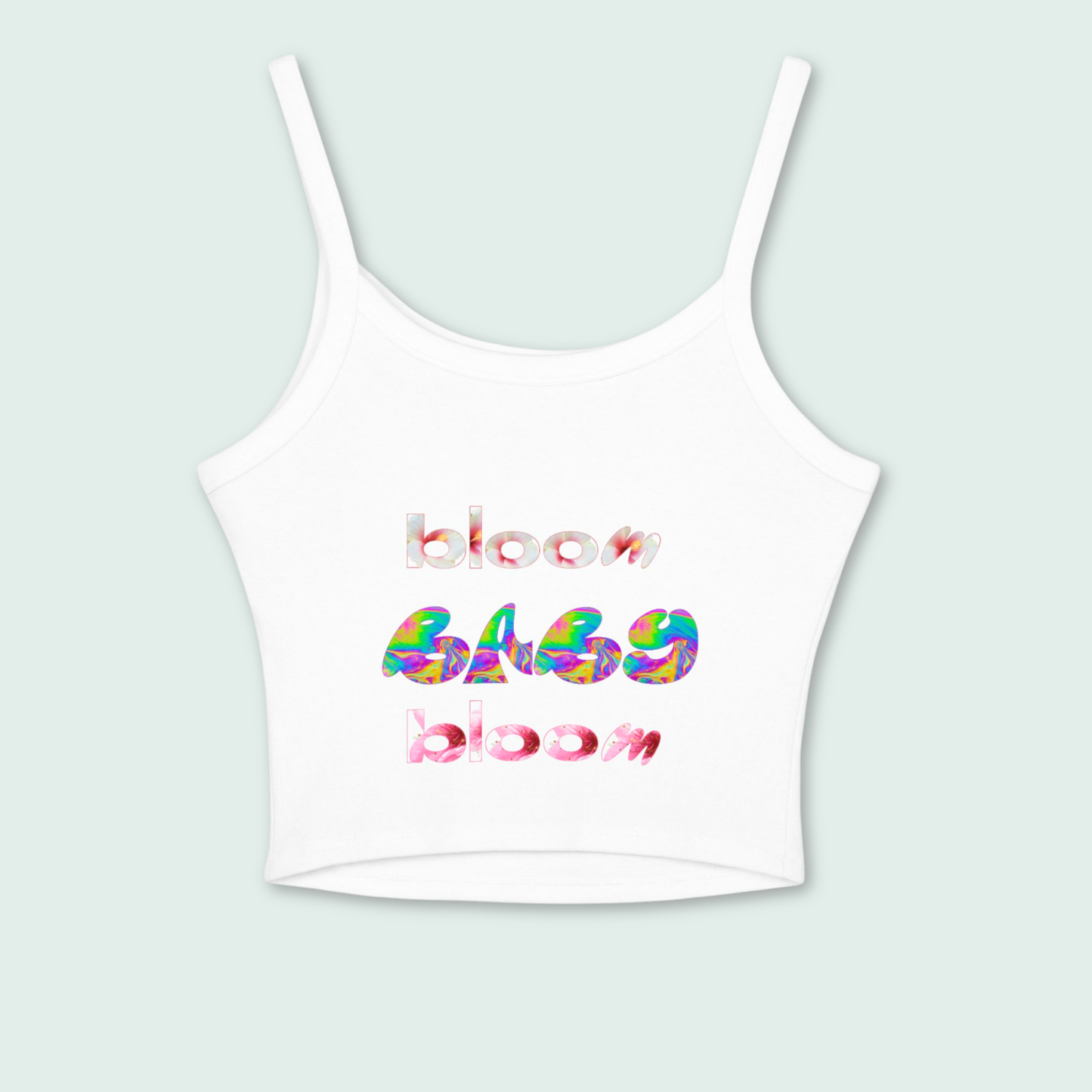 Back view of Bloom Baby Bloom cropped tank top with colorful abstract text design — artful spring capsule piece by Printed Echoes Creations.
