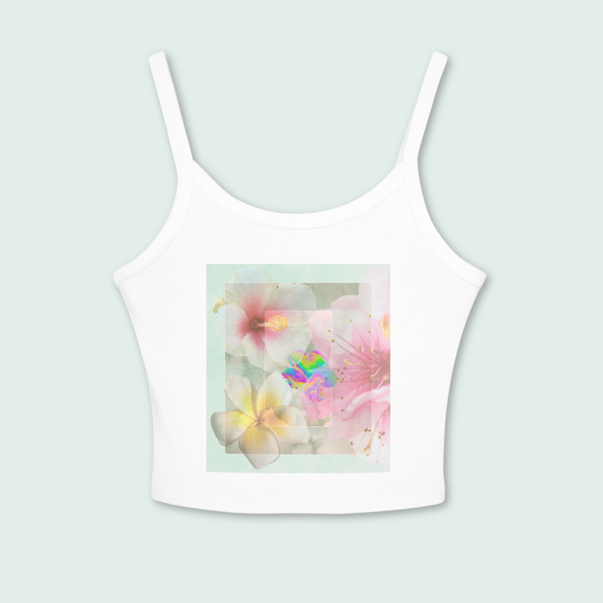 Bloom Baby Bloom floral cropped tank top – minimal spring capsule piece by Printed Echoes Creations featuring soft abstract floral art.
