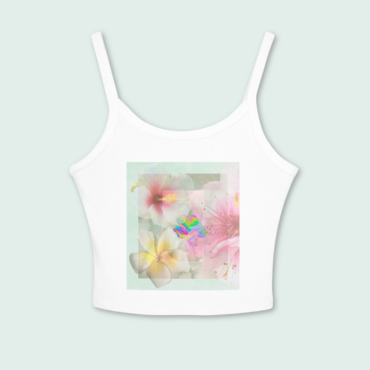 Bloom Baby Bloom floral cropped tank top – minimal spring capsule piece by Printed Echoes Creations featuring soft abstract floral art.
