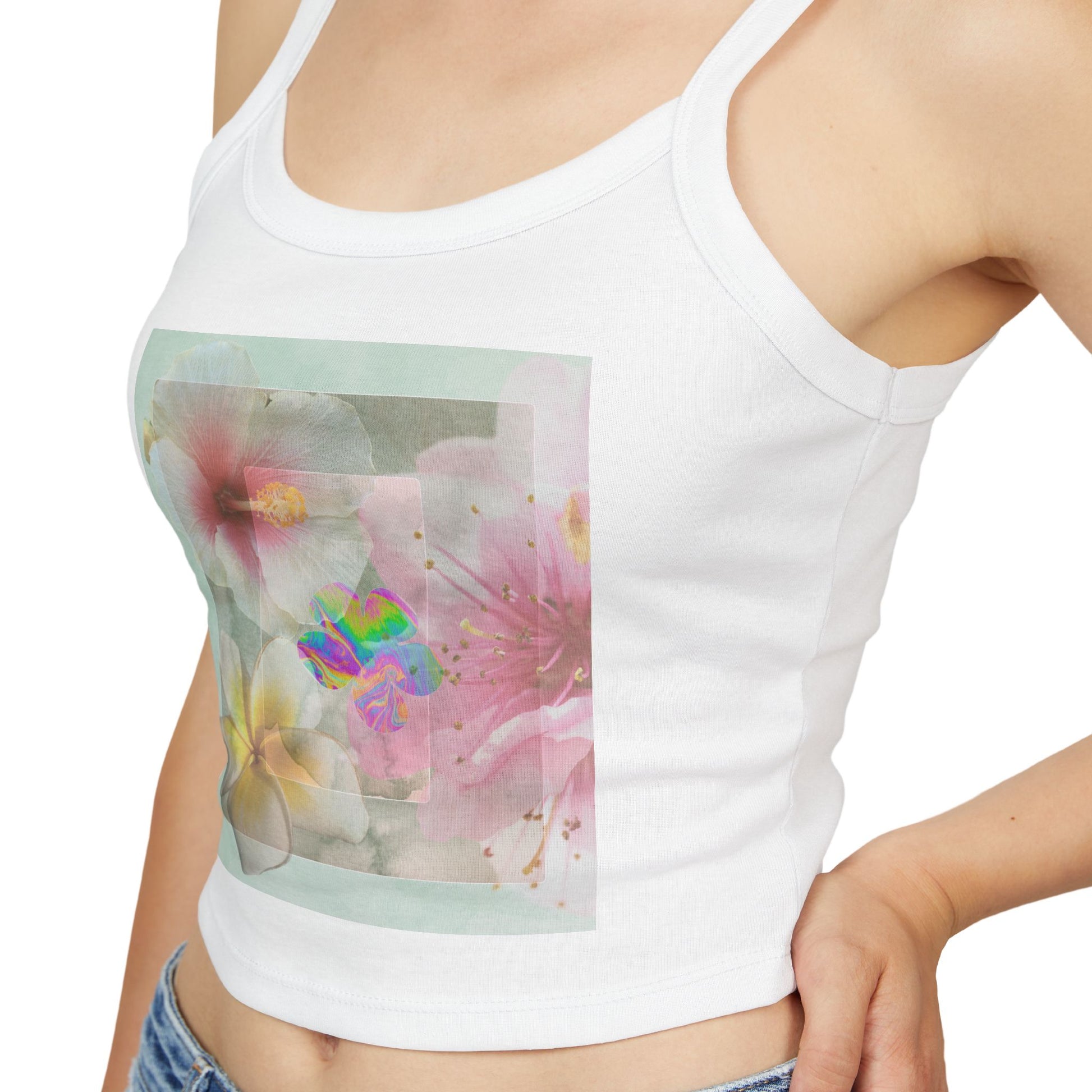 Close-up of Bloom Baby Bloom cropped tank top floral artwork – soft pastel abstract design from Printed Echoes Creations spring capsule.