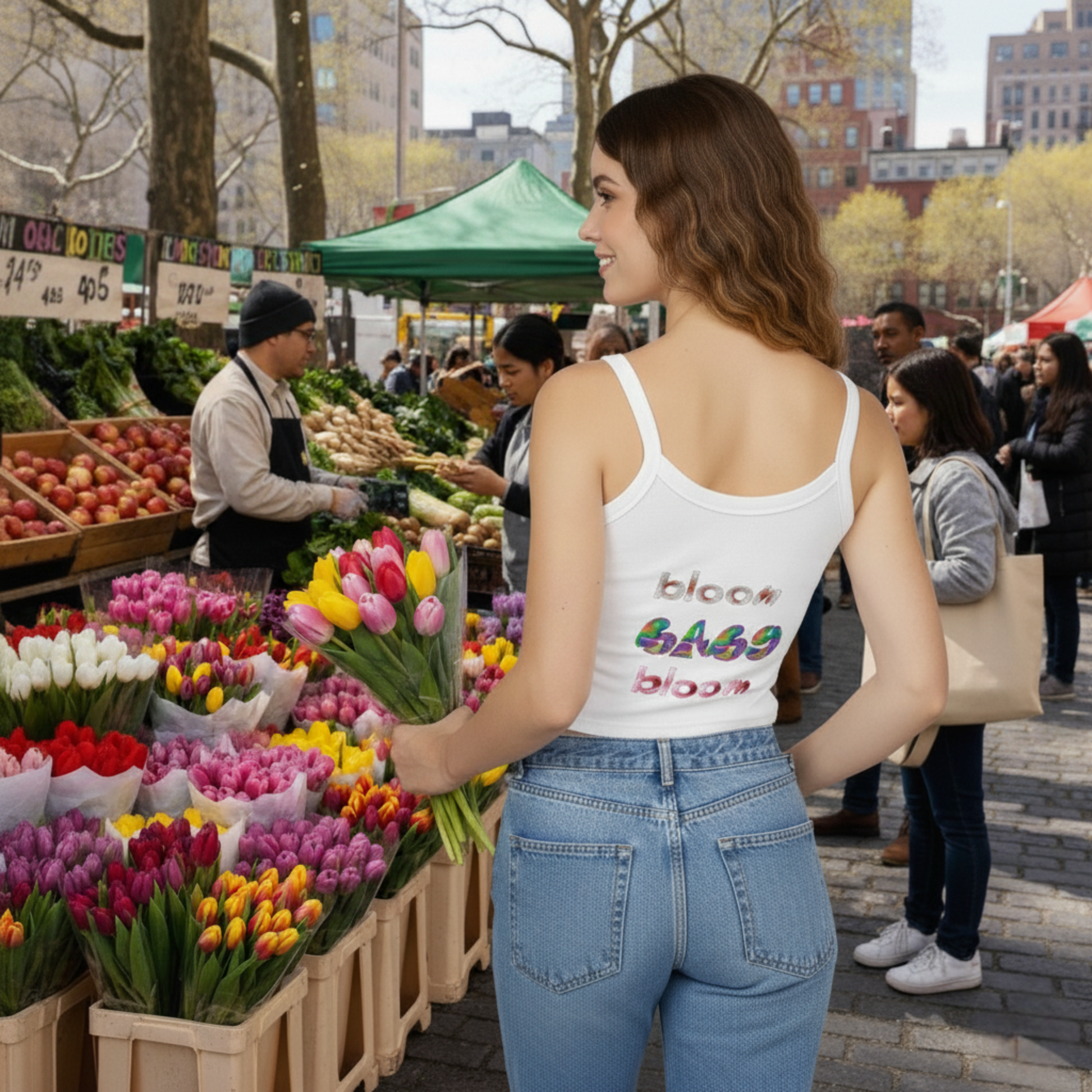 Back view of Bloom Baby Bloom cropped tank top with colorful text print – minimal spring capsule from Printed Echoes Creations.
