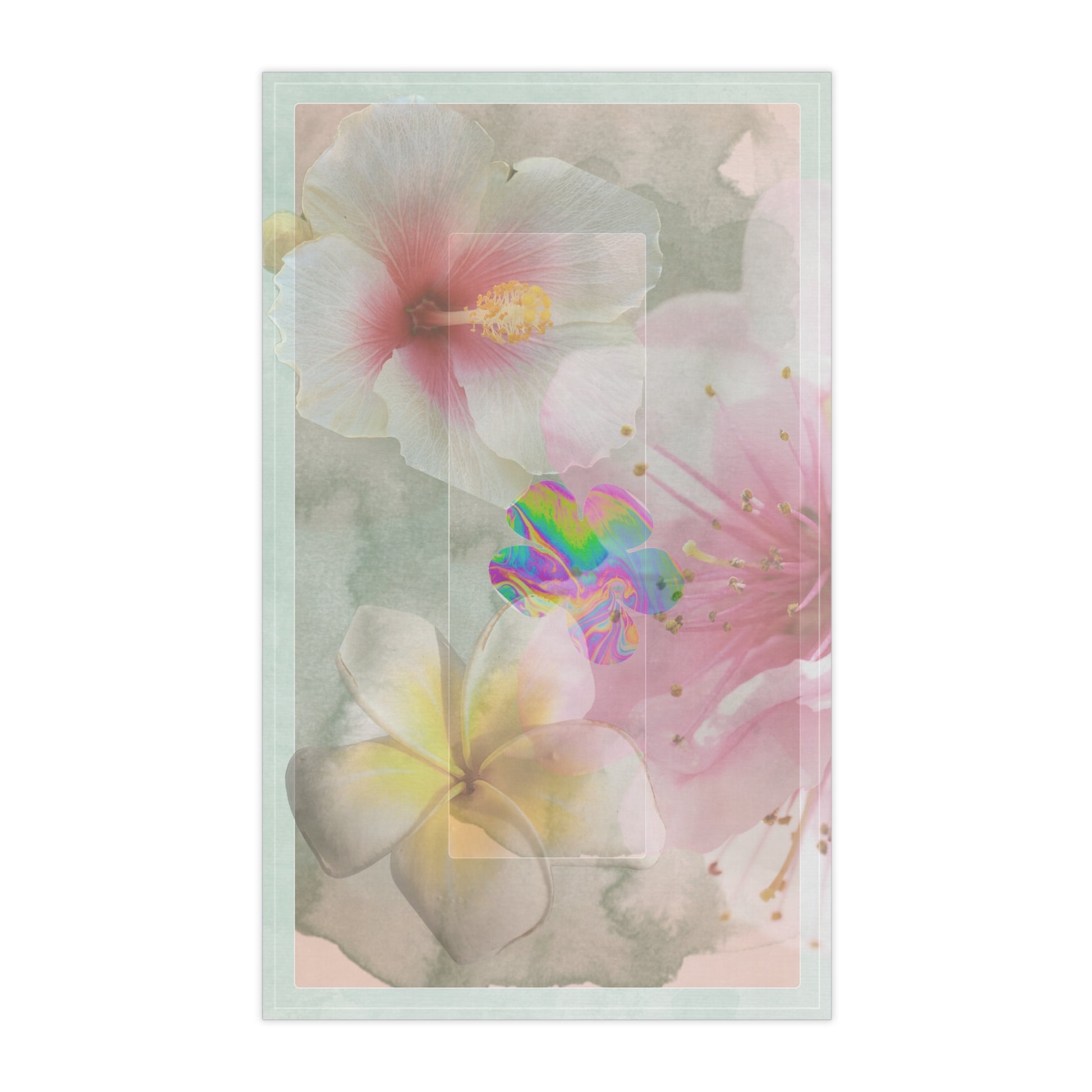 Close-up of the Bloom, Baby, Bloom! tea towel featuring soft abstract florals in pastel tones, showcasing detailed vibrant art on 100% cotton fabric.
