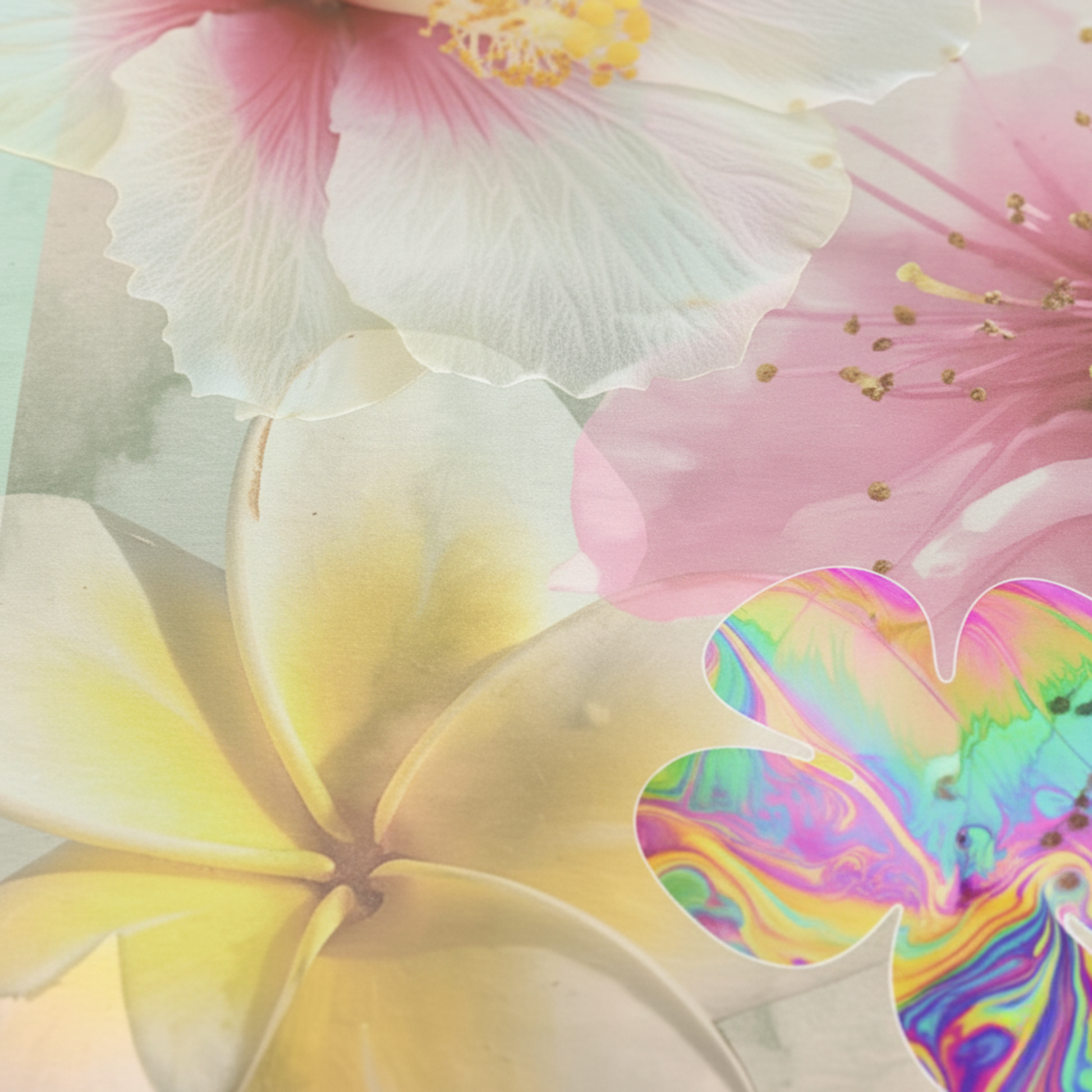 Close-up of the Bloom Baby Bloom wall art showing delicate hibiscus and plumeria petals with iridescent floral layers — a modern botanical print from Printed Echoes Creations.