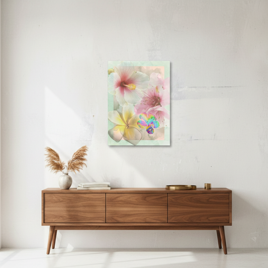 Bloom Baby Bloom wall art displayed above a mid-century walnut console table, featuring soft pastel florals that brighten a minimalist living room — a modern art print from Printed Echoes Creations