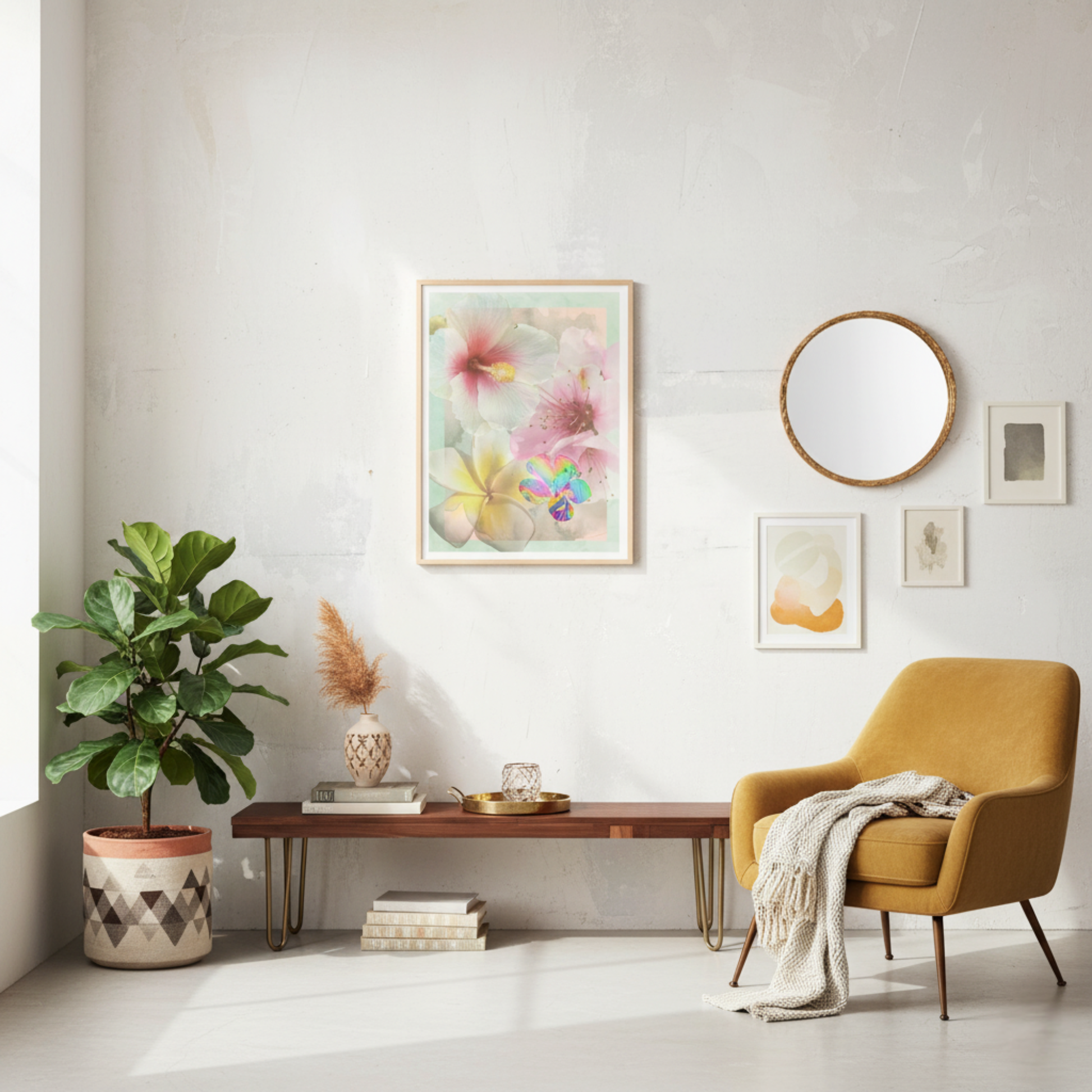 Bloom Baby Bloom wall art framed in a light-filled modern living room with mustard chair, green plant, and minimalist decor — floral art print by Printed Echoes Creations.