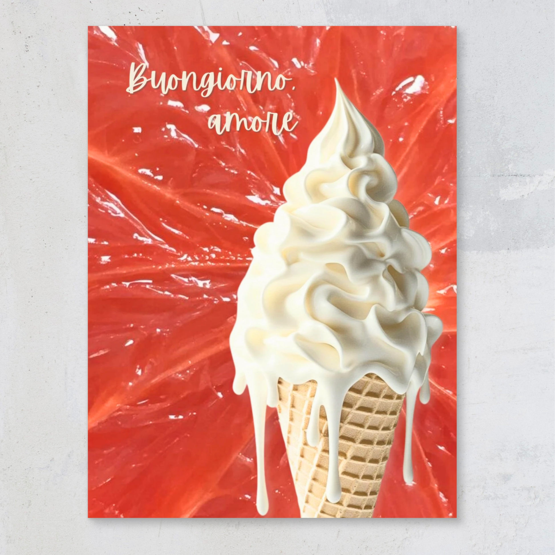 Modern "Buongiorno, Amore” kitchen wall art print featuring a melting vanilla gelato cone set against a vibrant ruby-red pomelo slice background. Part of the slow-living Pomelo e Gelato collection in soft cream and citrus tones.