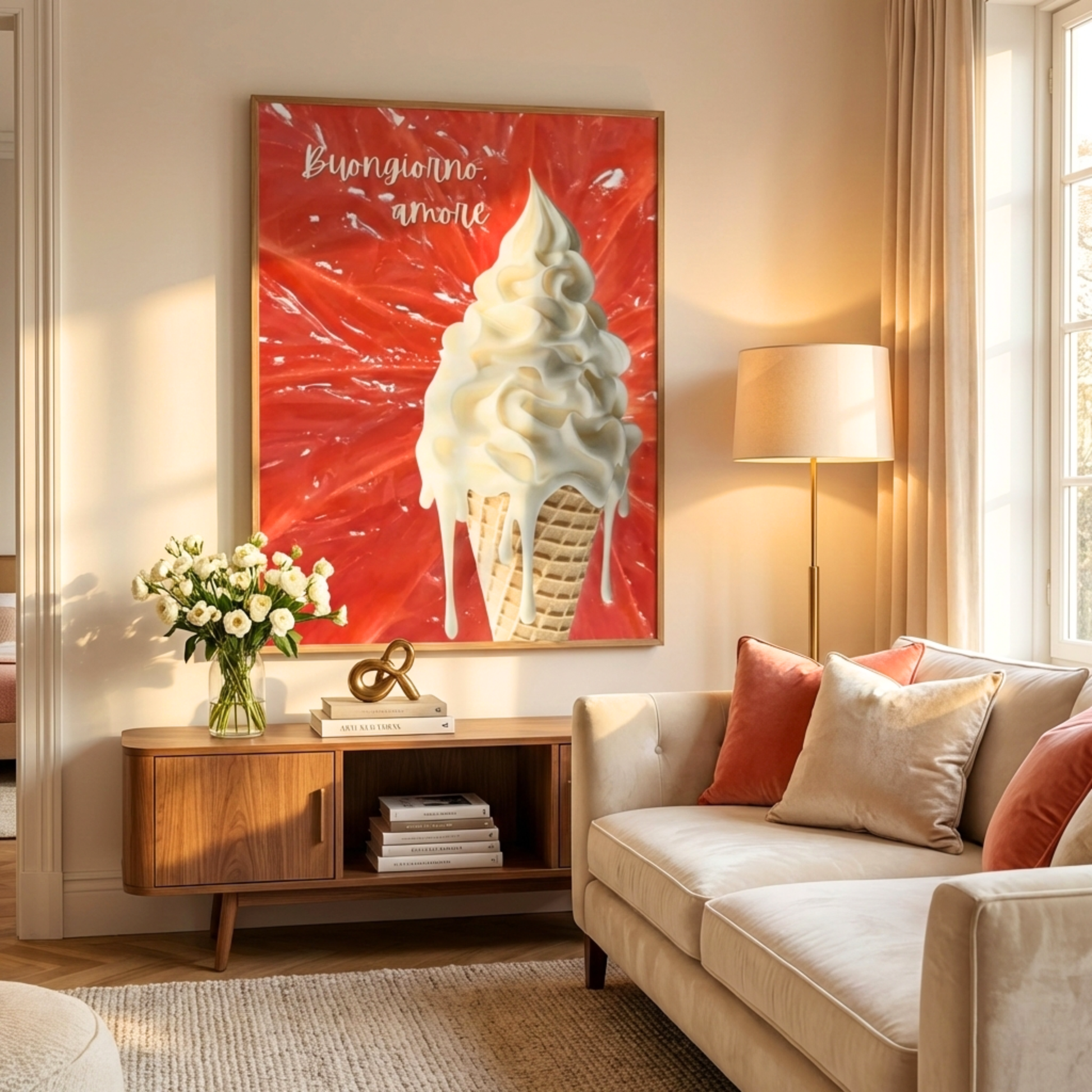 A large-scale 'Buongiorno, Amore' art print styled in a sun-drenched modern living room. The vibrant red and cream Italian summer print anchors a space featuring a mid-century sideboard, warm neutral sofa, and soft organic lighting.