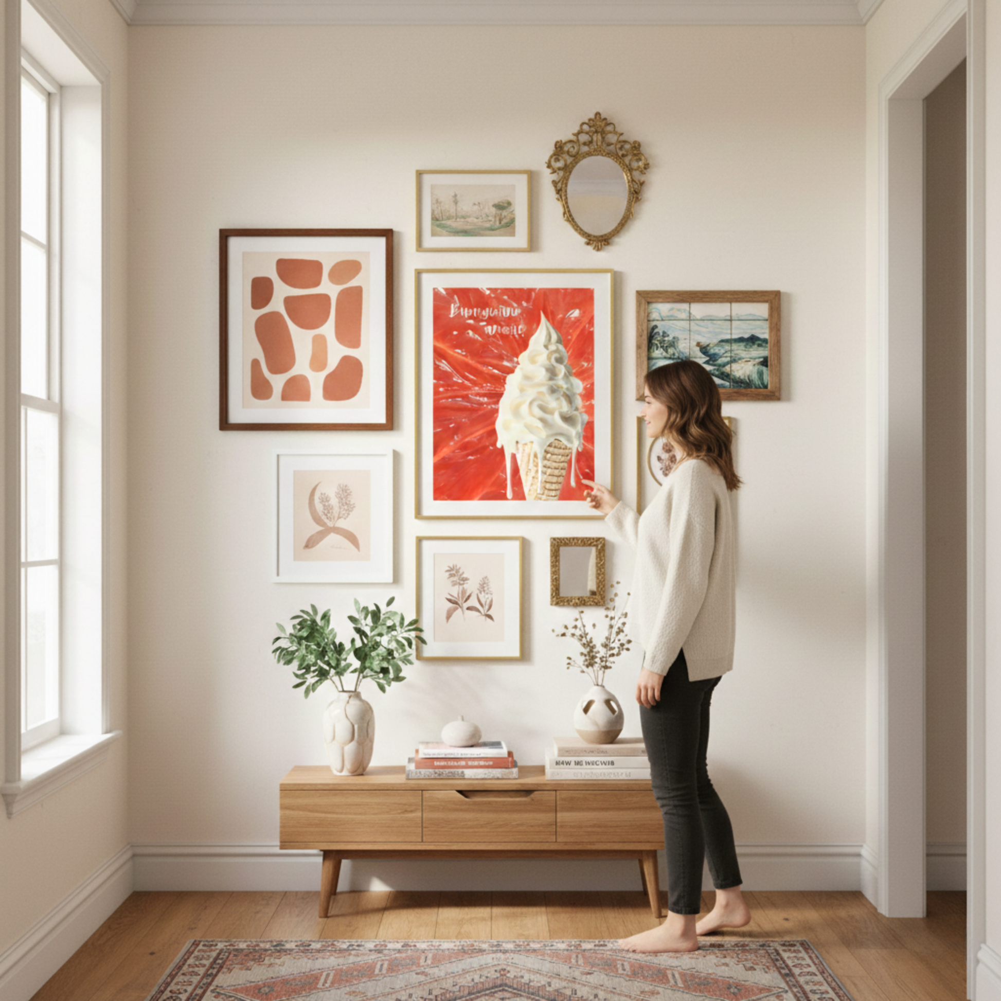 A woman standing before a curated gallery wall featuring the 'Buongiorno, Amore' Italian gelato art print. The scene captures a slow living interior with warm wood tones, botanical prints as a meaningful home addition.