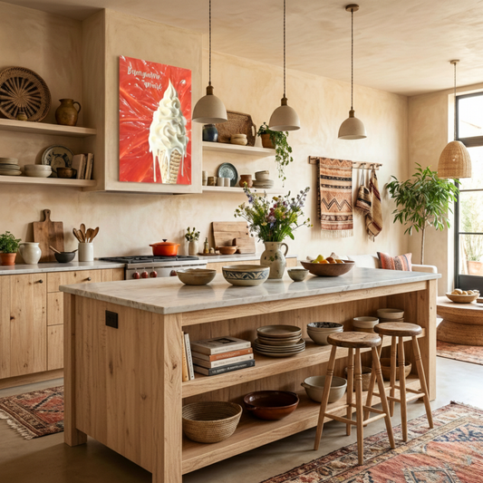 A romantic 'Buongiorno, Amore' art print from the Pomelo e Gelato collection styled in a warm, Mediterranean-inspired kitchen. The large-format vertical print features a melting vanilla gelato cone and is displayed above rustic wood cabinetry in a sun-drenched space with natural textures and organic ceramic decor.