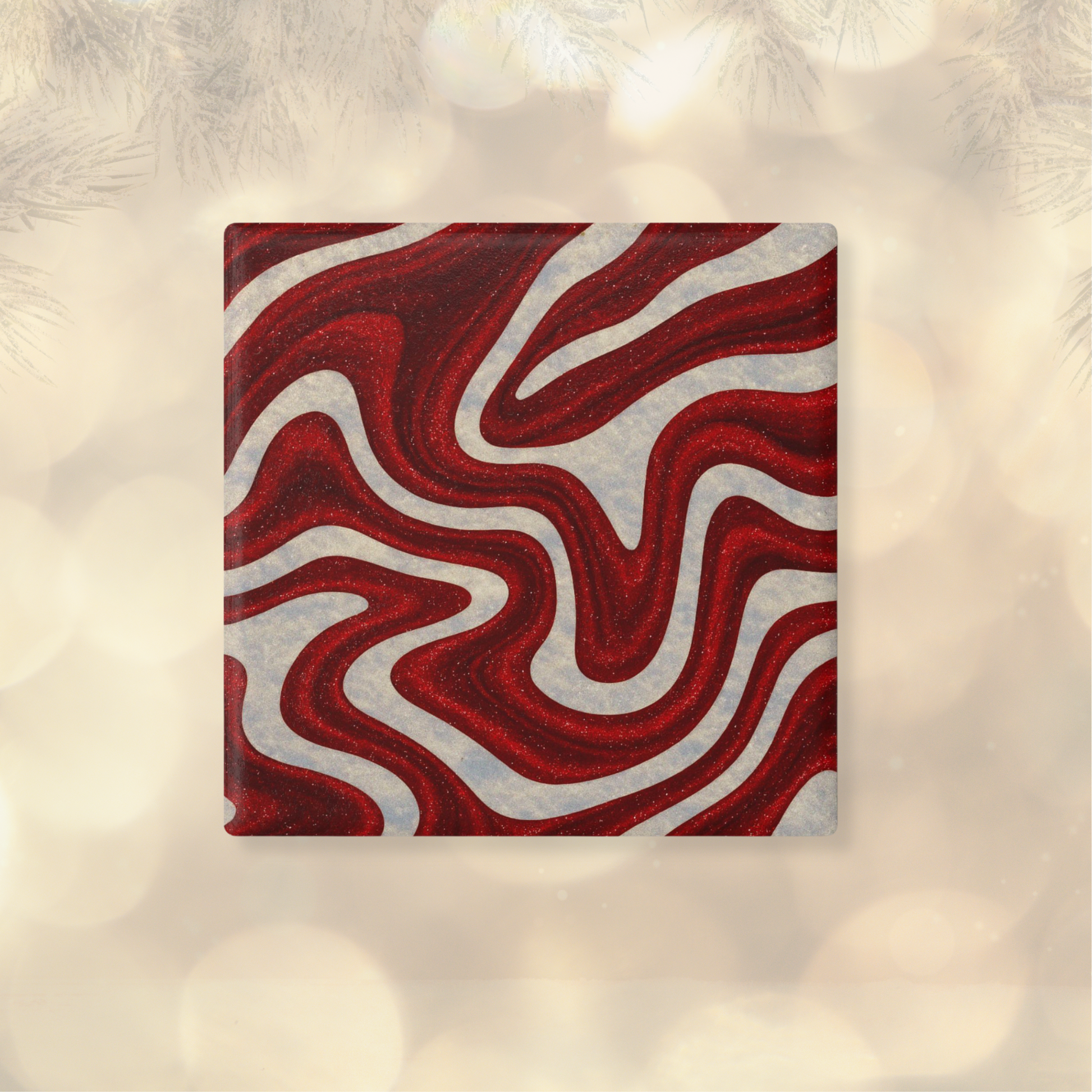 Candy Swirl holiday coaster with red and white abstract design, square barware accessory for festive entertaining by Printed Echoes Creations.