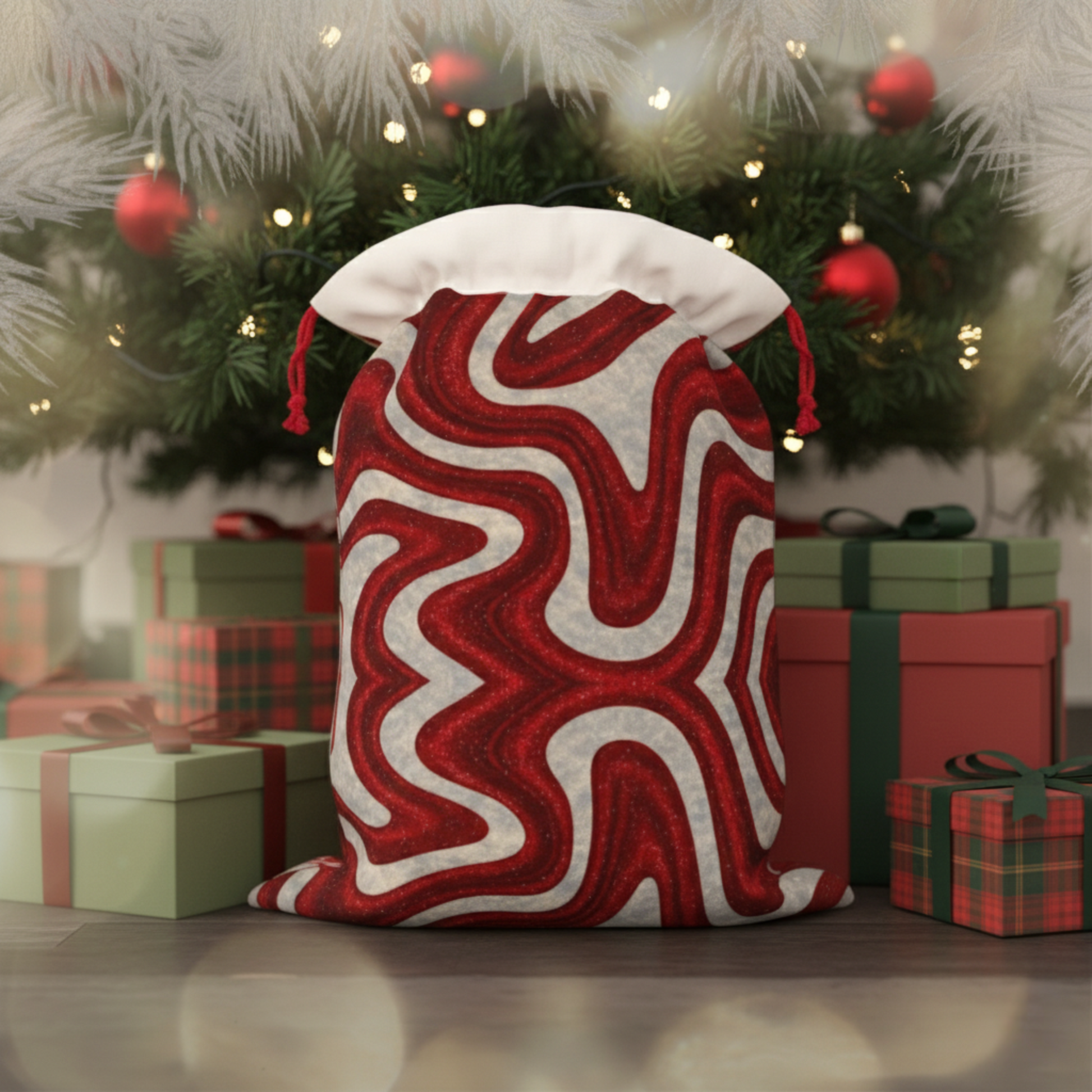 Red and white Candy Swirl reusable fabric gift bag styled under a Christmas tree with presents — eco-friendly holiday gift wrap and sustainable stocking alternative from Printed Echoes Creations.