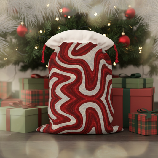 Red and white Candy Swirl reusable fabric gift bag styled under a Christmas tree with presents — eco-friendly holiday gift wrap and sustainable stocking alternative from Printed Echoes Creations.