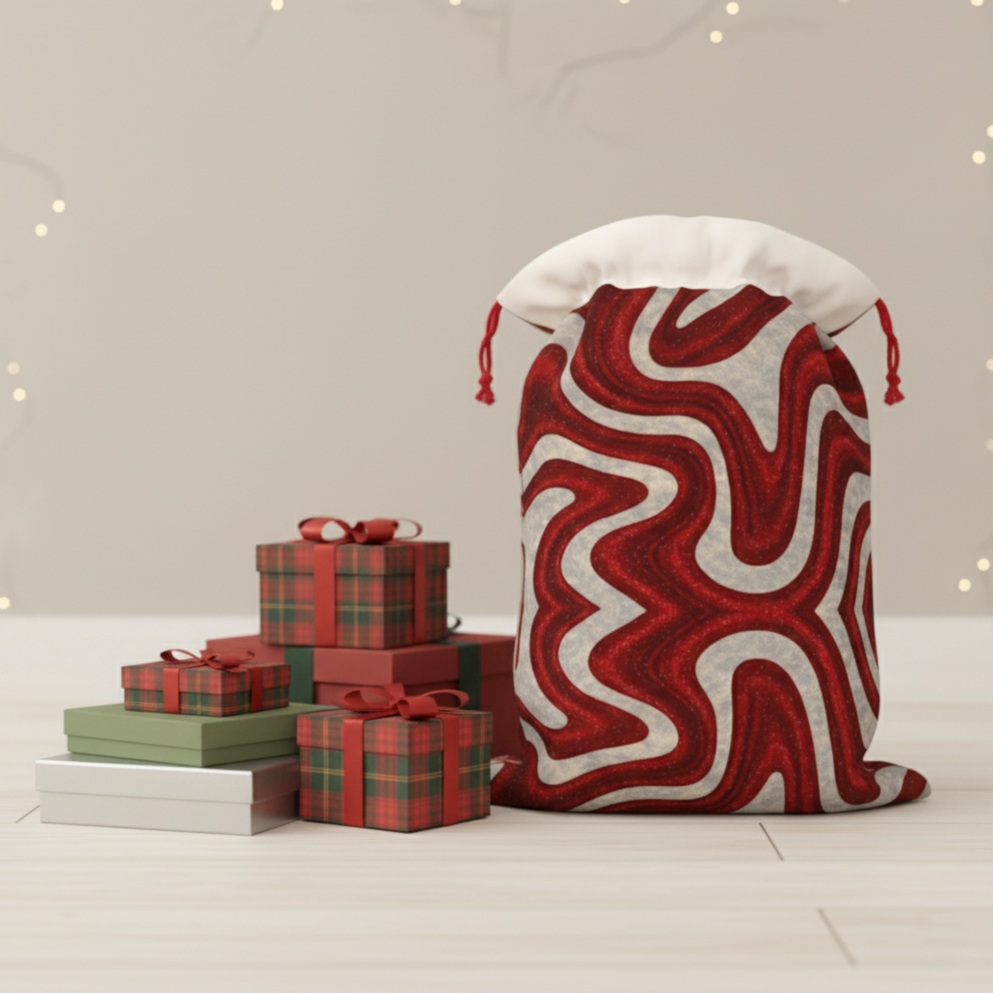 Red and white Candy Swirl reusable fabric gift bag displayed with plaid and green wrapped presents — eco-friendly Christmas wrapping bag and sustainable holiday gift packaging by Printed Echoes Creations