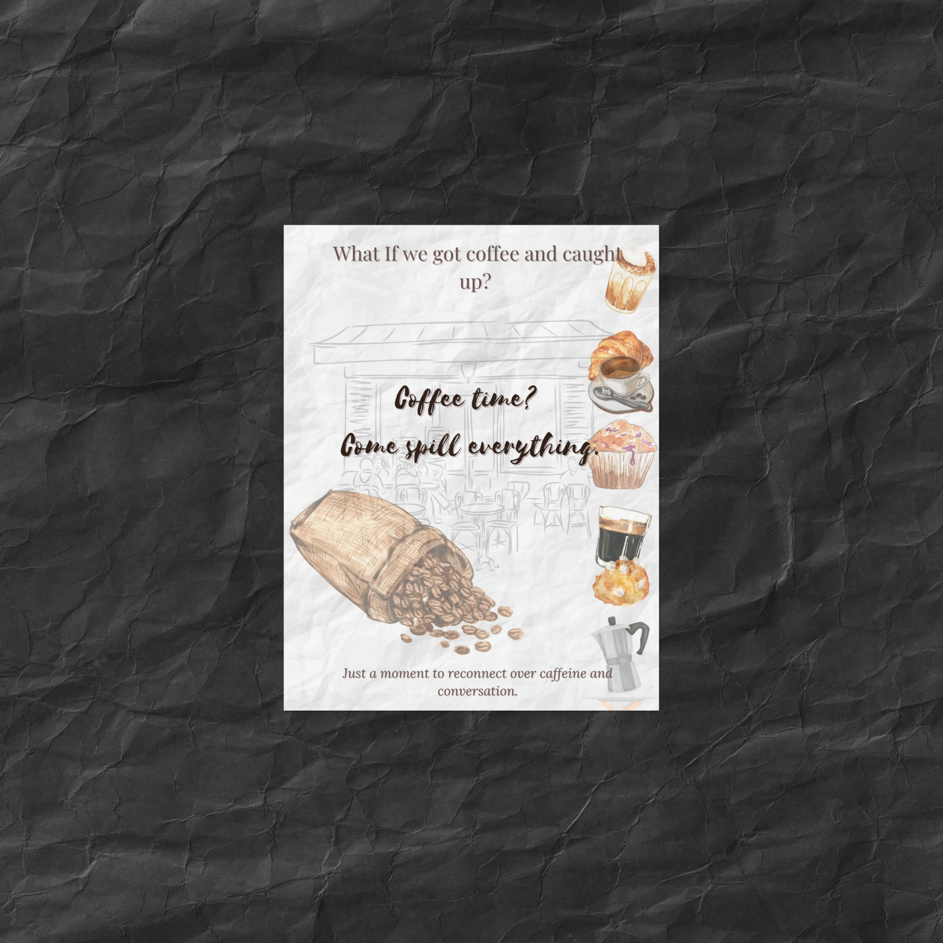 Flatlay of the Coffee Time Invite card from the What-If x PEC collection, featuring cozy breakfast illustrations and the line ‘Coffee time? Come spill everything.