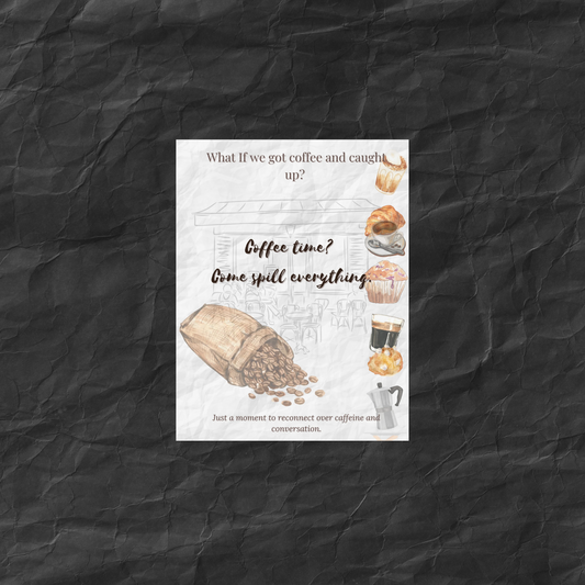 Flatlay of the Coffee Time Invite card from the What-If x PEC collection, featuring cozy breakfast illustrations and the line ‘Coffee time? Come spill everything.