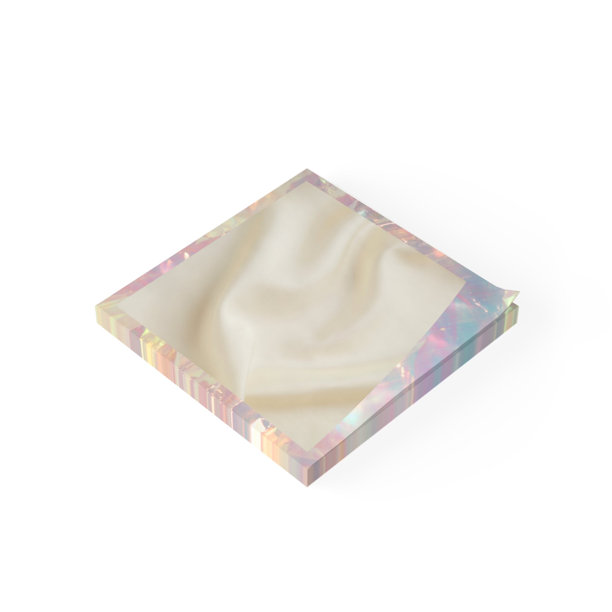 Angled view of Daily Whisper sticky note by Printed Echoes Creations showing layered iridescent edge and silk-textured paper for intentional planning rituals