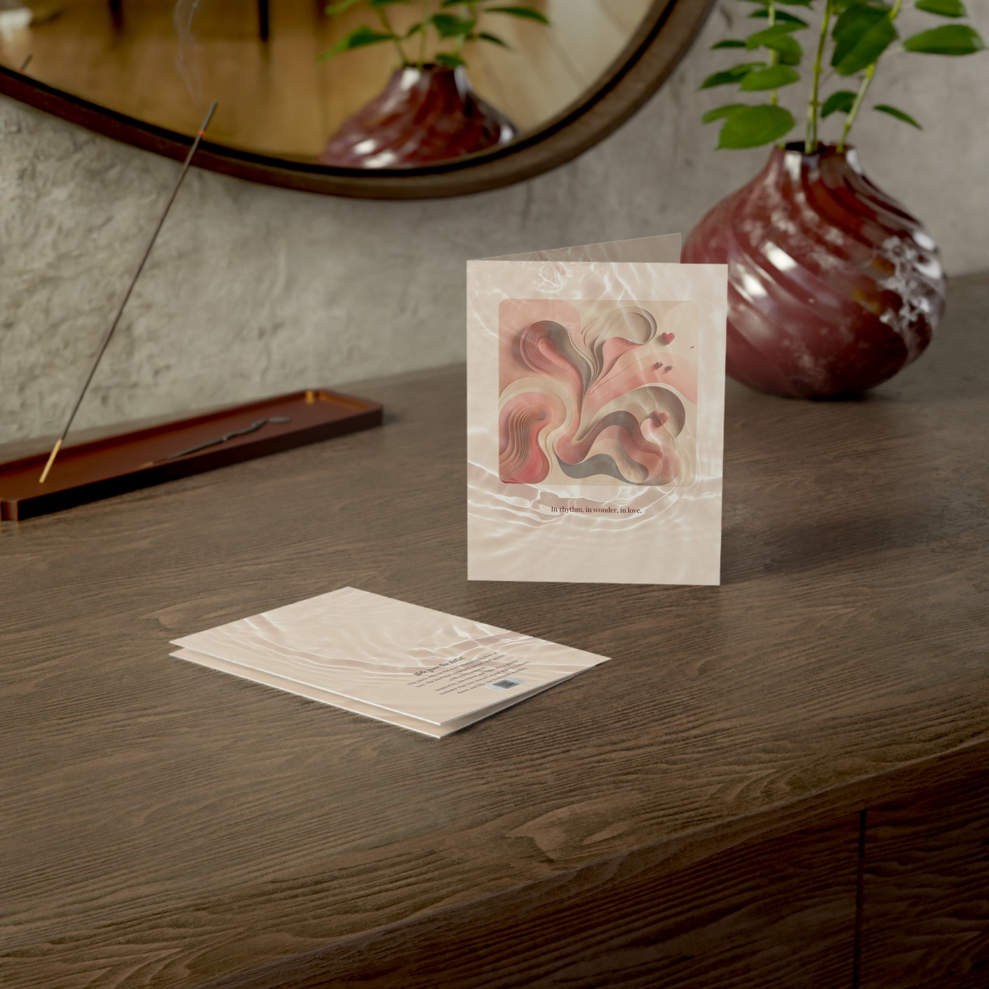 Evening scene of The Dance of Love card near flowers, encens and mirror, perfect for intimate moments or romantic gifting.
