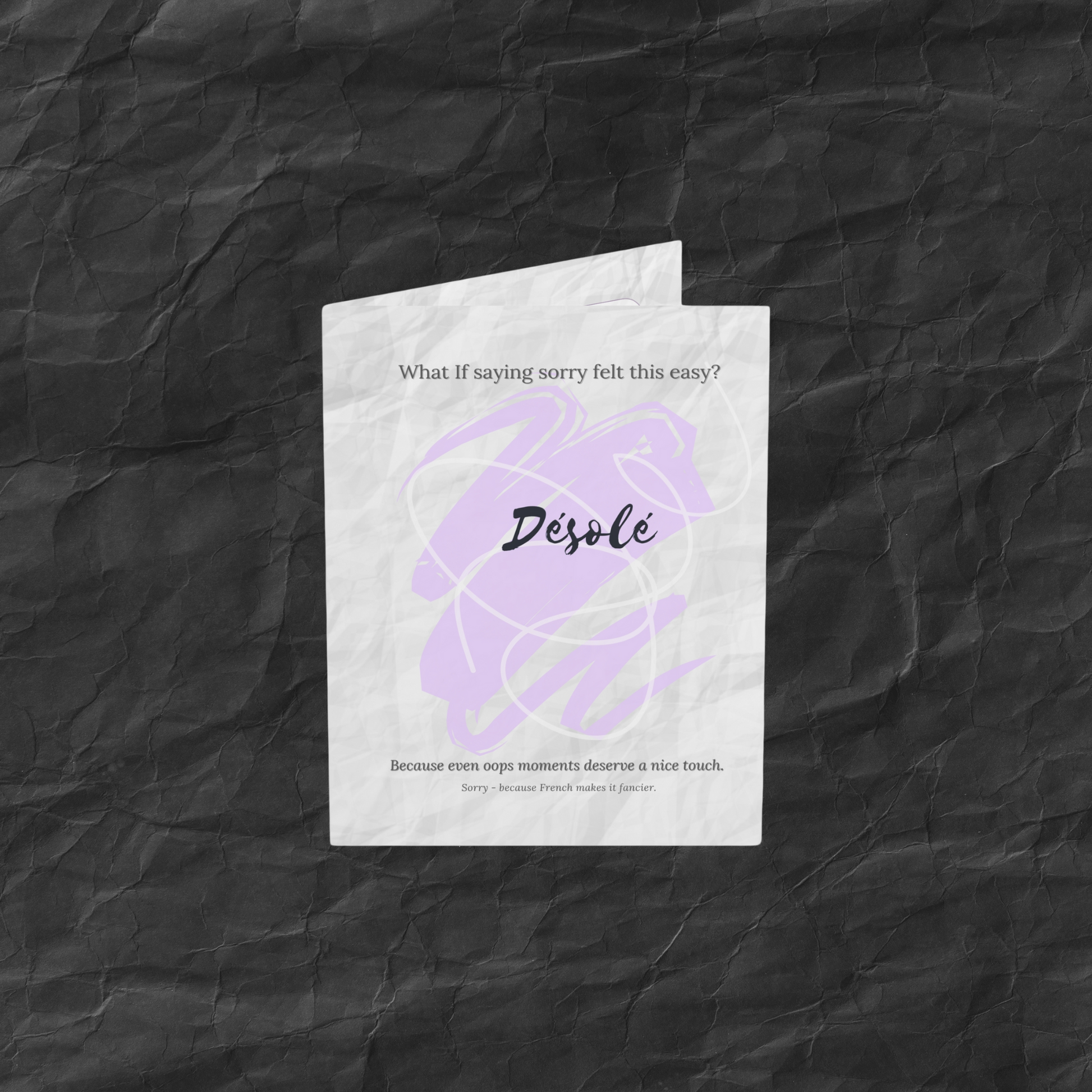 Apology greeting card with abstract lilac design and soft crinkled texture, perfect for sincere or light-hearted regrets.
