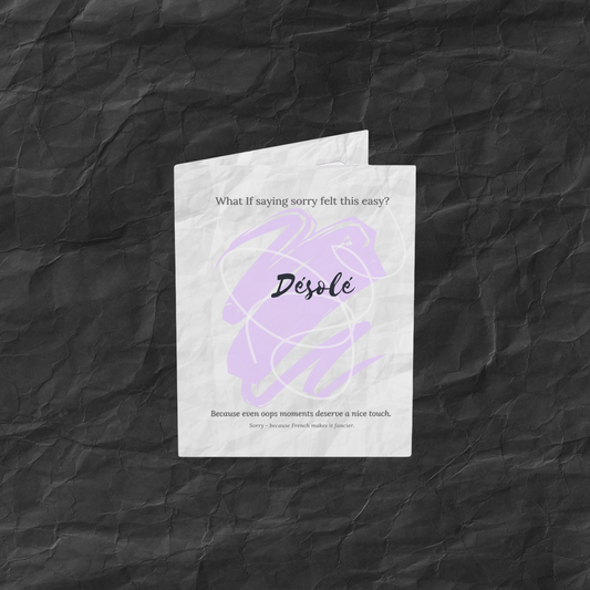 Apology greeting card with abstract lilac design and soft crinkled texture, perfect for sincere or light-hearted regrets.
