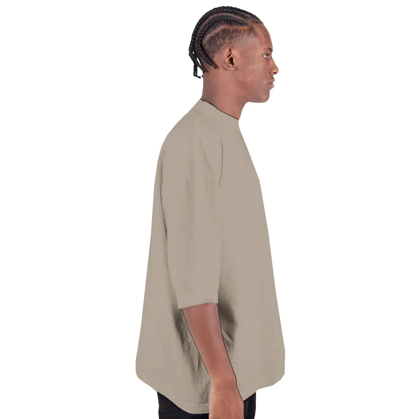 Side view of the Fart Boy Slim oversized t-shirt in oatmeal beige, showing drop-shoulder fit, wide sleeves, and minimalist streetwear silhouette.