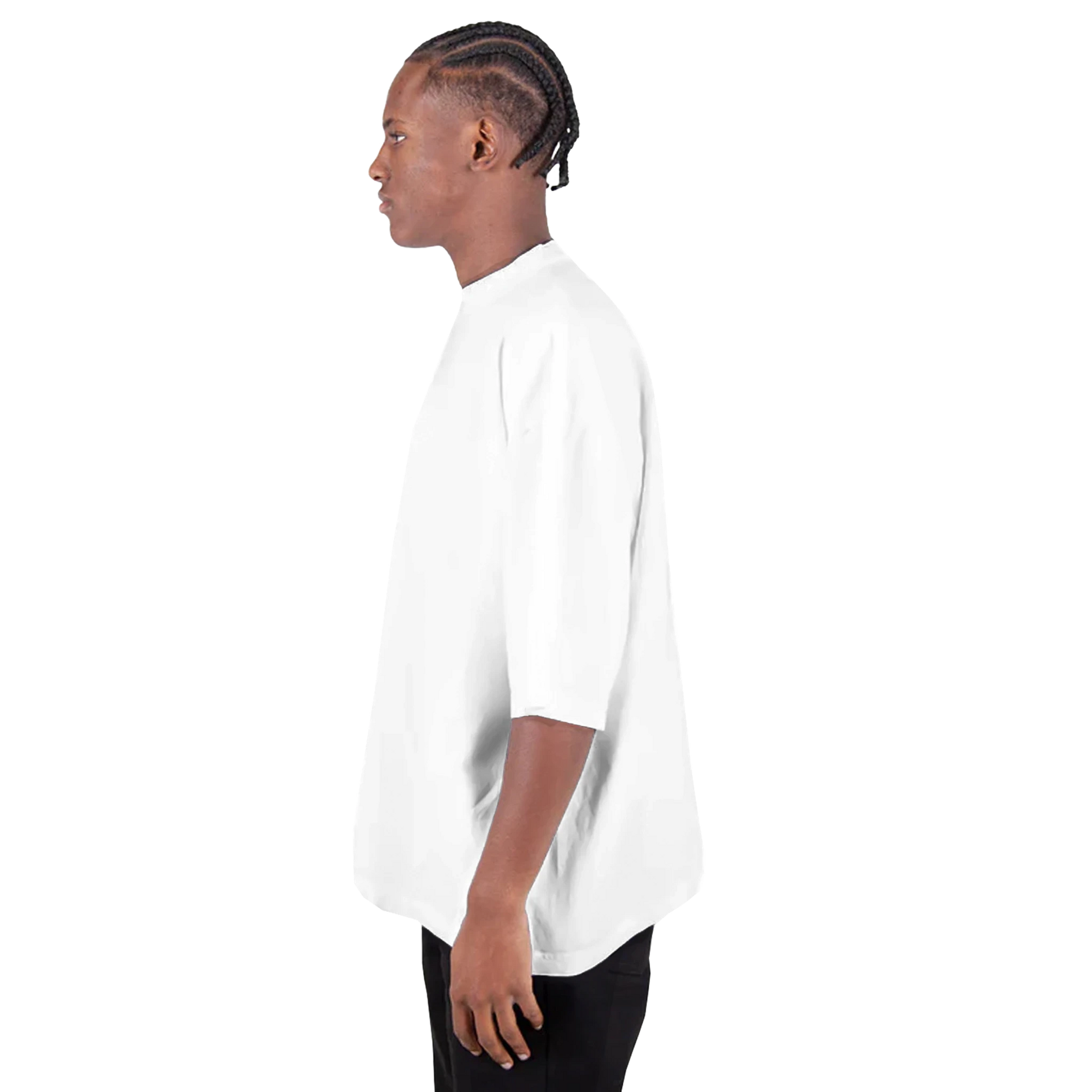 Side view of the Fart Boy Slim white oversized t-shirt featuring a drop-shoulder cut and clean minimalist streetwear fit.