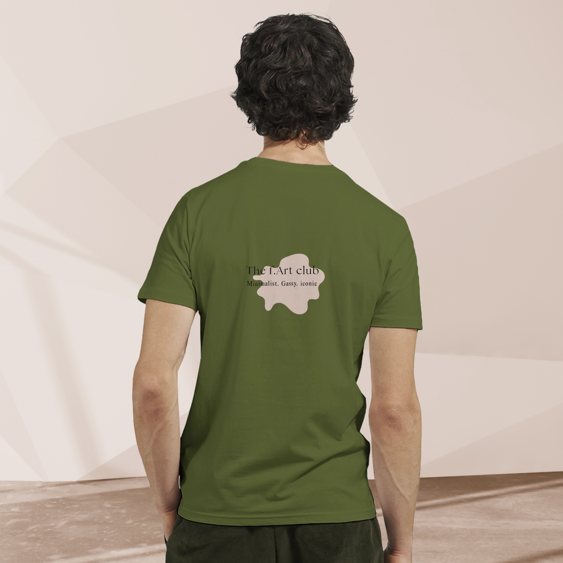 Back of the f.Art club olive t-shirt showing splatter art tagline "Minimalist. Gassy. Iconic" on eco-conscious cotton fabric