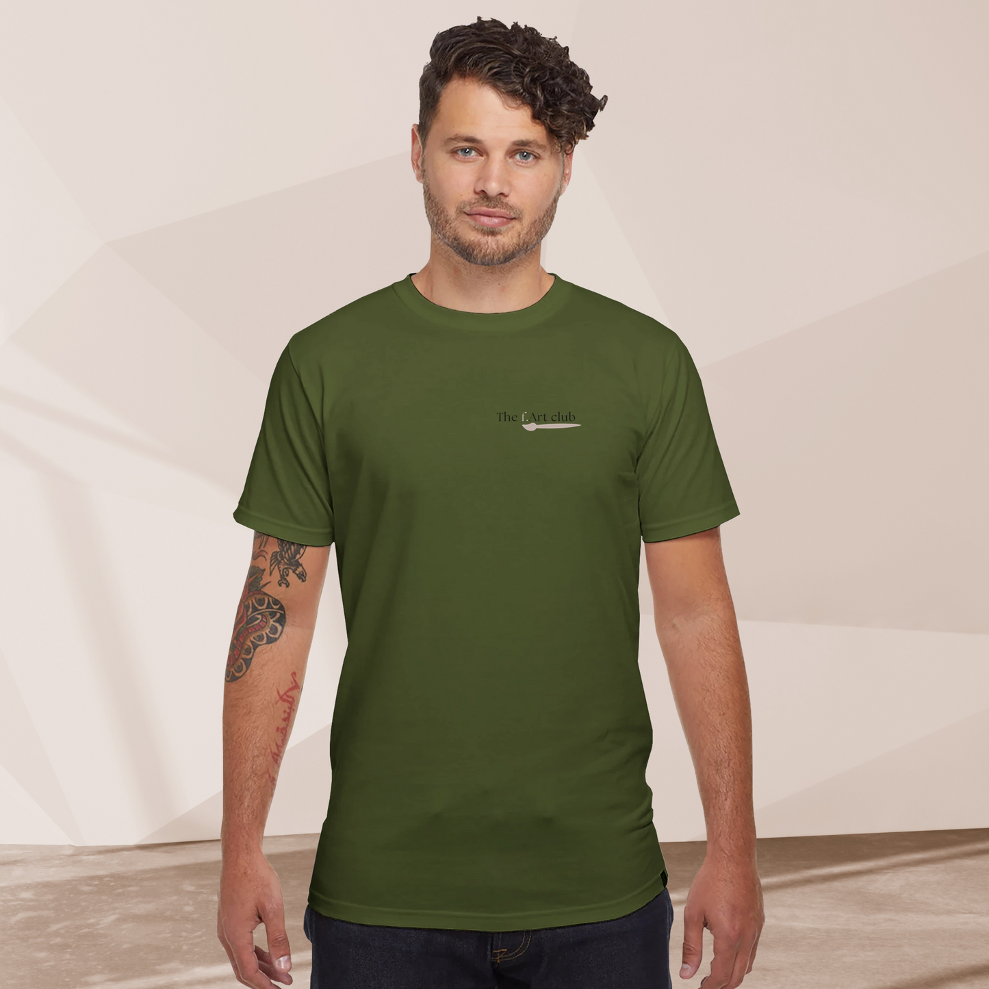 Front view of the f.Art Club olive green t-shirt with minimalist type and brush logo printed on organic cotton.