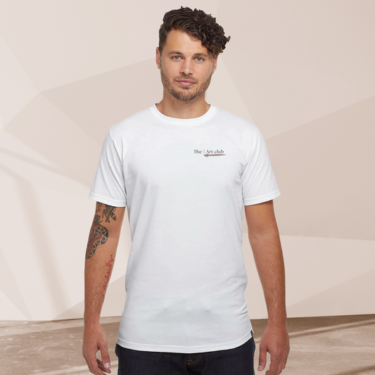 front view of the f.Art Club white organic cotton t-shirt with minimalist chest logo and brush design, worn by male model