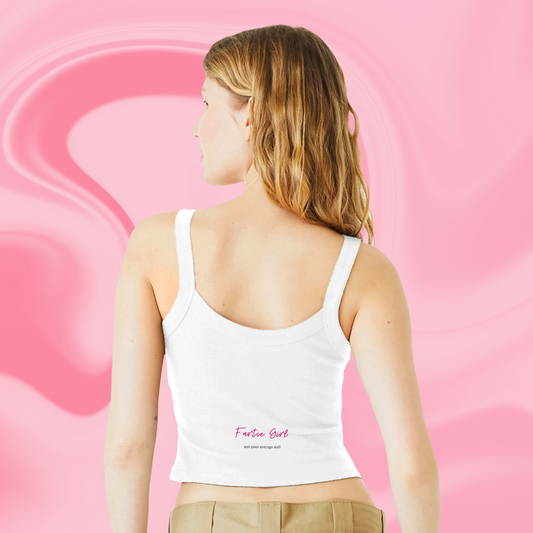 view of the Fartie Girl tank with bold pink logo and cheeky “not your average doll” quote—because the back deserves a mic drop too.

