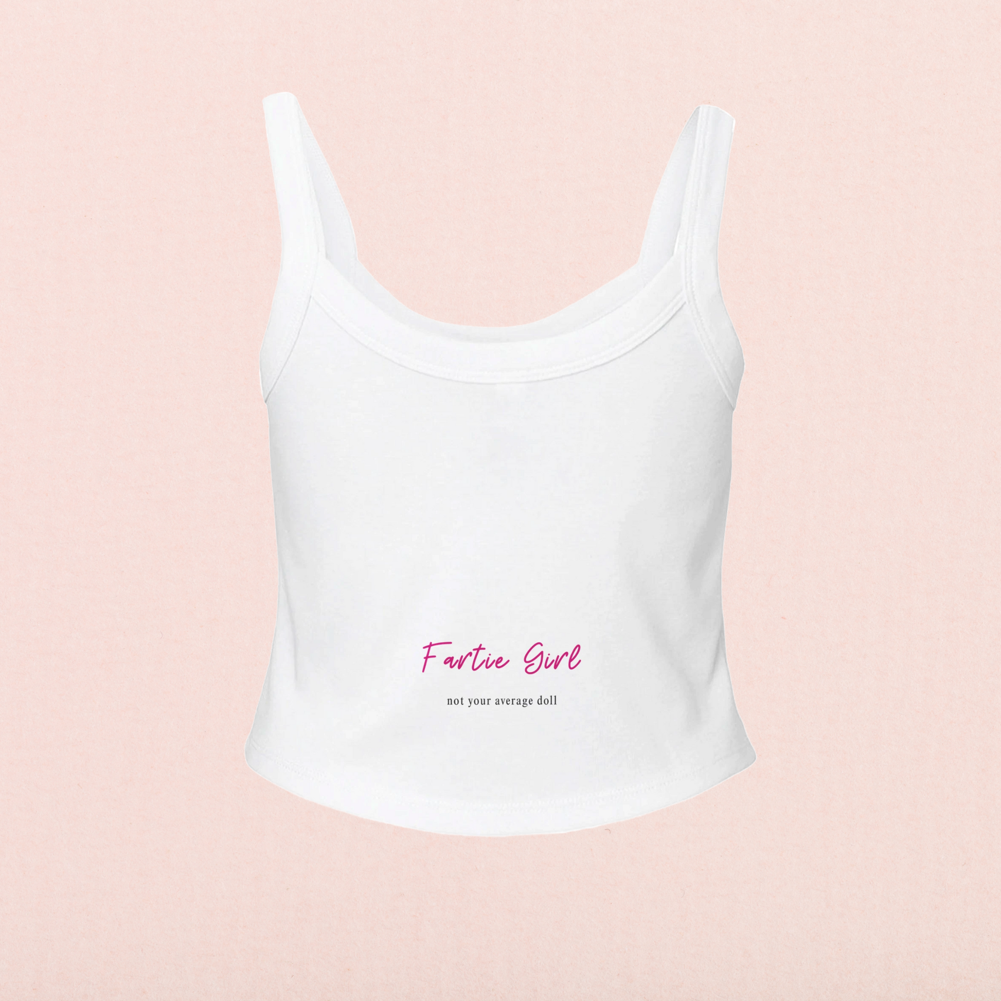 White crop tank back view with Fartie Girl logo and subversive tagline—perfect gift for girls who don’t take themselves too seriously.

